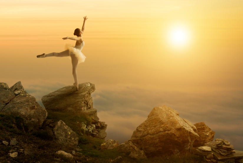 Mystic pictures, ballet dancer stands on the cliff edge